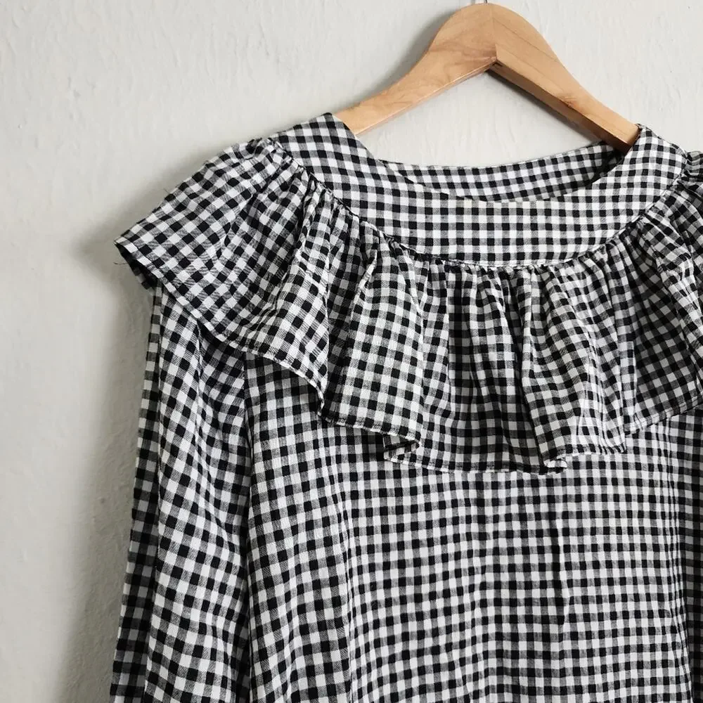 Zara Black White Gingham Check Ruffle Yoke Blouse Frill Long Sleeve Top Small
